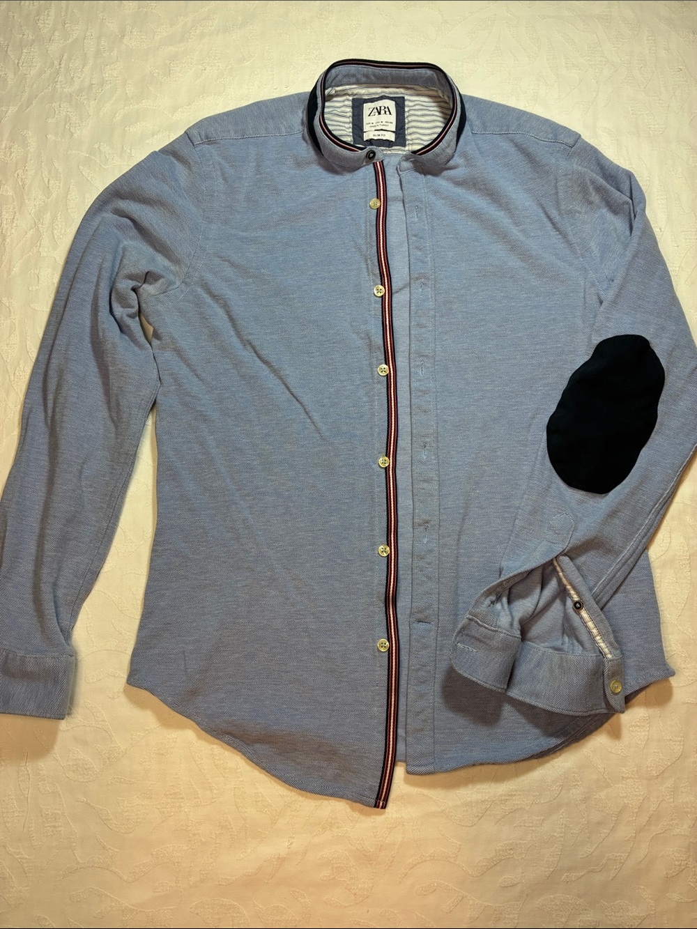 Zara Men’s Light Blue Button-Down Shirt with Navy Elbow Patch